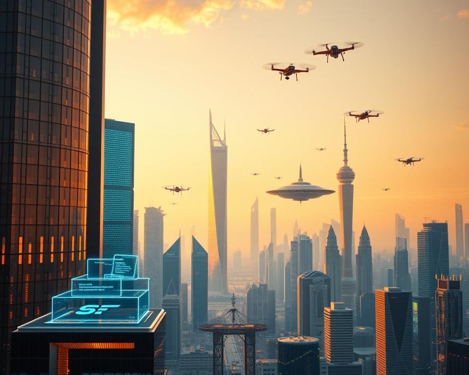 A futuristic cityscape reflecting the innovation and interconnectivity of cross-border payments. In the foreground, glowing holographic interfaces and digital wallets showcase seamless transaction flows. The middle ground features sleek skyscrapers with abstract architectural designs, symbolizing the global scale and technological advancement. In the background, a vibrant skyline of floating platforms, drones, and hovercrafts creates a sense of dynamic movement and progress. Warm, saturated colors bathe the scene in an optimistic, forward-thinking atmosphere. Sharp, cinematic lighting accentuates the clean, minimalist aesthetic. The overall composition conveys the idea of efficient, borderless financial systems powered by the latest cryptographic protocols.