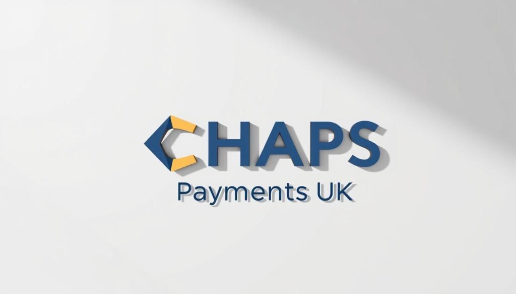 A high-resolution rendering of the CHAPS Payments UK logo against a clean, professional backdrop. The logo is prominently displayed in the center, with a modern typeface and geometric shapes in a palette of navy blue and gold. The lighting is soft and directional, casting subtle shadows that add depth and dimension. The background is a simple gradient, allowing the logo to stand out clearly. The overall mood is one of authority, reliability, and financial security, reflecting the importance of CHAPS Payments in the UK banking system.