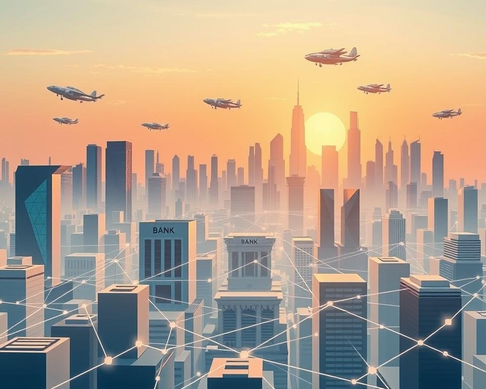 A modern, minimalist cityscape depicting the global flow of cross-border financial transactions. In the foreground, a network of sleek, interconnected payment terminals and digital currency wallets. The middle ground features a diverse array of international bank buildings, their facades adorned with abstract geometric designs. In the background, a futuristic skyline of towering skyscrapers and hovering transport vehicles, bathed in a warm, sunset glow. The scene conveys a sense of efficiency, connectivity, and technological advancement in the realm of cross-border payments, reflecting the optimized, ISO 20022-compliant system described in the article.