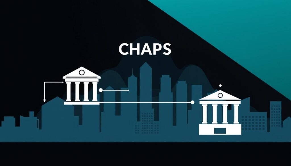 A sleek, modern illustration of the CHAPS payment process. In the foreground, a stylized diagram depicting the flow of funds between banks, with clean lines and geometric shapes. In the middle ground, a cityscape of skyscrapers and financial institutions, symbolizing the network of interconnected banks. The background features a subtly patterned backdrop, evoking the technological infrastructure that underpins the CHAPS system. The overall aesthetic is one of efficiency, security, and reliability, captured through a minimalist, high-contrast color palette and precise, technical detailing.