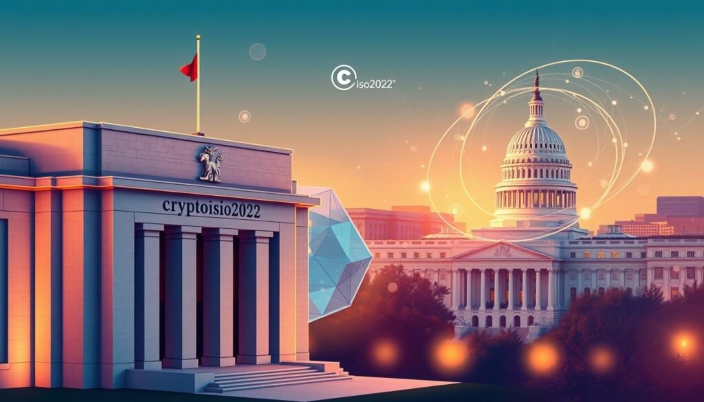A stylized illustration depicting the strategic vision of the United States Federal Reserve's (the Fed) adoption of the ISO 20022 financial messaging standard. In the foreground, a modern architectural rendering of the Fed's headquarters, its facade adorned with the "criptoiso2022" logo. The building is bathed in warm, golden lighting, symbolizing the organization's stability and authority. In the middle ground, abstract geometric shapes and data visualizations swirl, representing the complex financial flows and data exchanges enabled by ISO 20022. In the background, a panoramic view of the Washington D.C. skyline, with the U.S. Capitol building prominently featured, underscoring the national significance of the Fed's technological modernization. The overall scene conveys a sense of progress, innovation, and the Fed's strategic leadership in the evolving global financial landscape.
