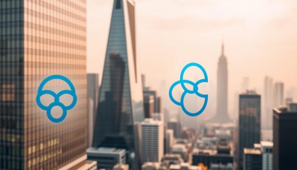 Chaps Payments UK: a sleek, modern financial transaction system against a backdrop of a bustling city skyline. In the foreground, a stylized icon depicting three interlocking circles in shades of blue, conveying the interconnectedness of the CHAPS network. The midground features skyscrapers and office buildings in a contemporary architectural style, their glass facades reflecting the sky above. The background is a soft, hazy cityscape, with hints of bustling activity and movement. Warm, diffused lighting creates a professional, authoritative atmosphere, highlighting the significance and reliability of CHAPS Payments UK.