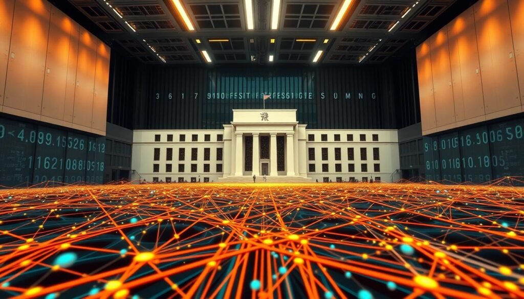 Prompt A meticulously rendered digital illustration showcasing the Federal Reserve's payment systems, captured with a wide-angle lens. In the foreground, a complex web of interconnected financial transactions and data flows, represented by intricate geometric patterns and a vibrant color palette. In the middle ground, the iconic Federal Reserve logo stands tall, symbolizing the institution's central role in the US financial landscape. The background features a backdrop of sleek, minimalist architecture, conveying a sense of technological sophistication and institutional authority. The overall scene is bathed in warm, directional lighting, creating a sense of depth and emphasizing the dynamic nature of the "criptoiso2022" system.